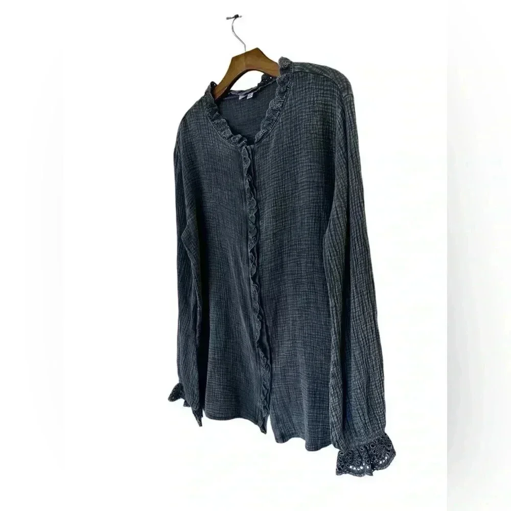 MAZIK Charcoal Gray Eyelet Ruffle Button Down Long Sleeve Tunic Shirt